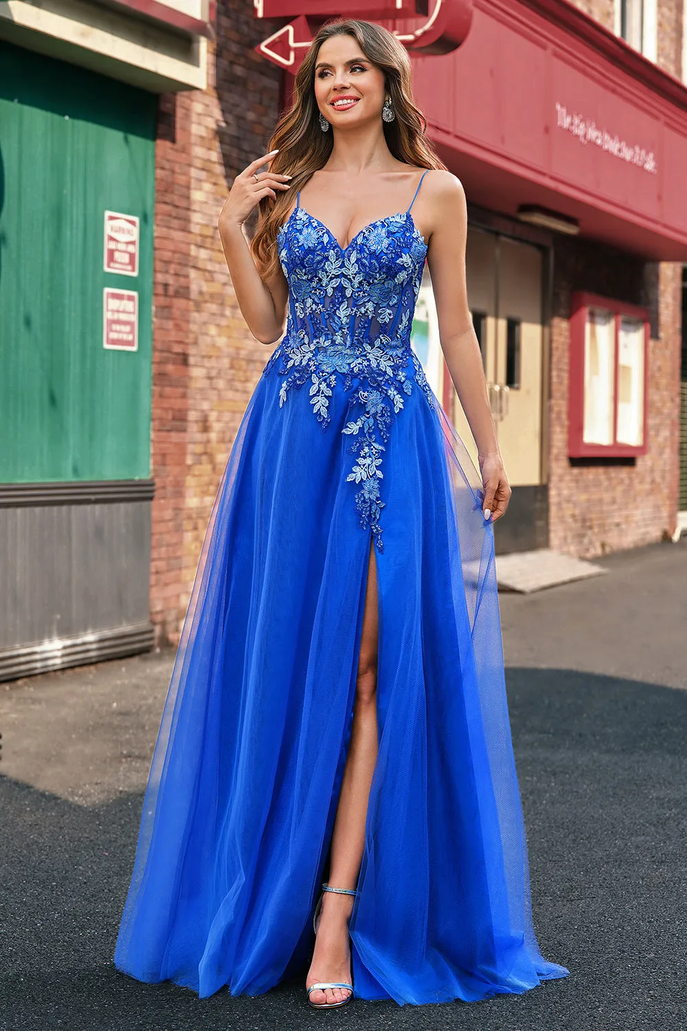 Royal Blue Tulle A-Line Spaghetti Straps Corset Long Prom Dress with Slit sold by Zapaka