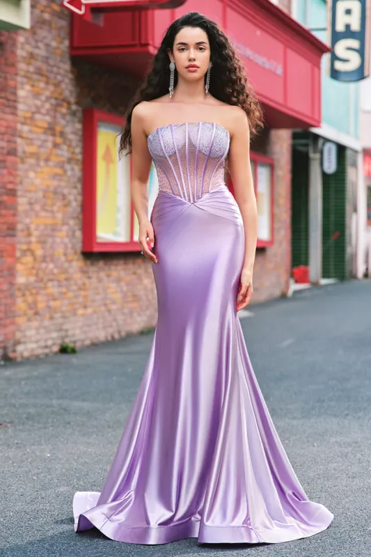 Purple Beaded Mermaid Corset Strapless Long Prom Dress sold by Zapaka