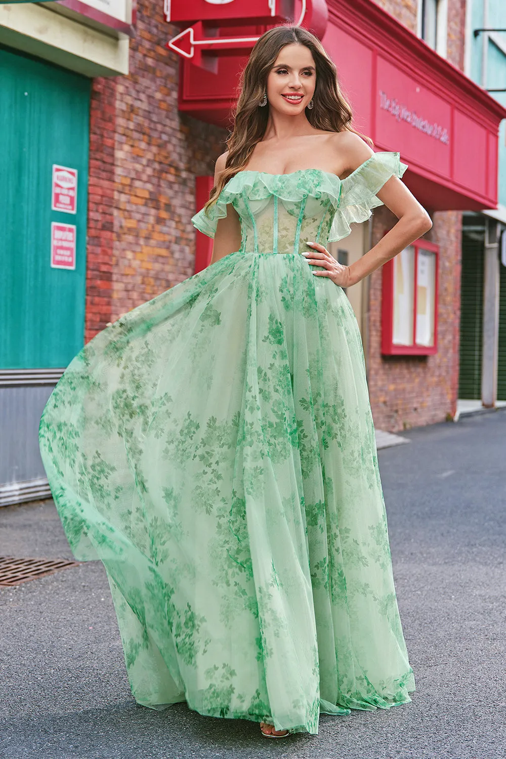 Floral A Line Off The Shoulder Corset Long Green Prom Dress sold by Zapaka