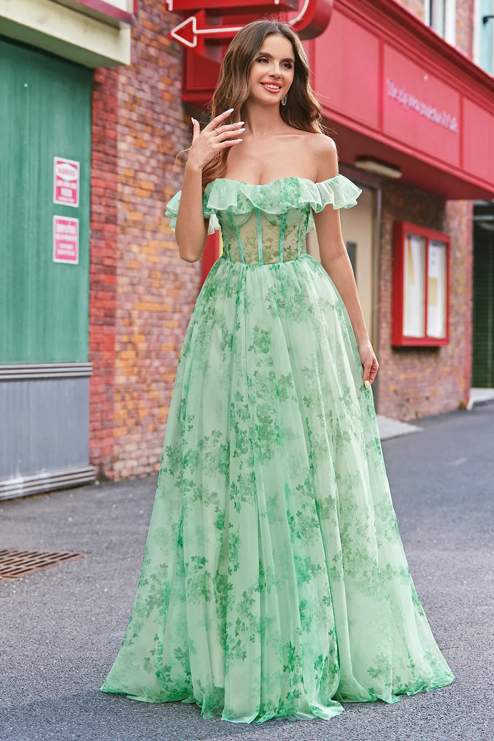 Floral A Line Off The Shoulder Corset Long Green Prom Dress sold by Zapaka product image thumbnail 4