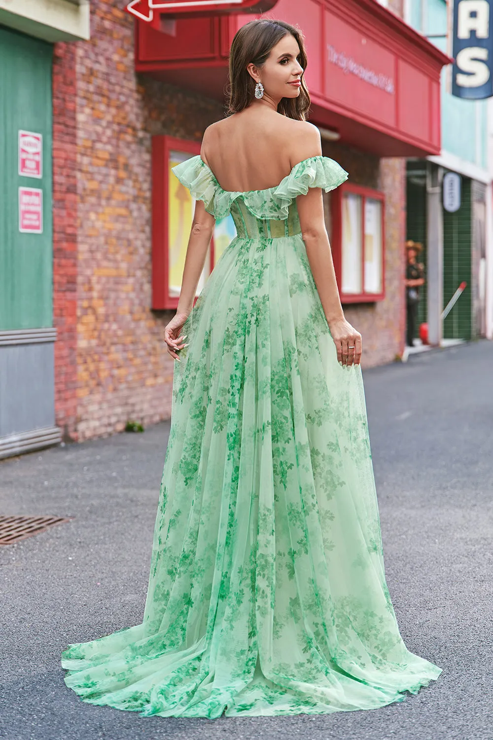 Floral A Line Off The Shoulder Corset Long Green Prom Dress sold by Zapaka product image thumbnail 2