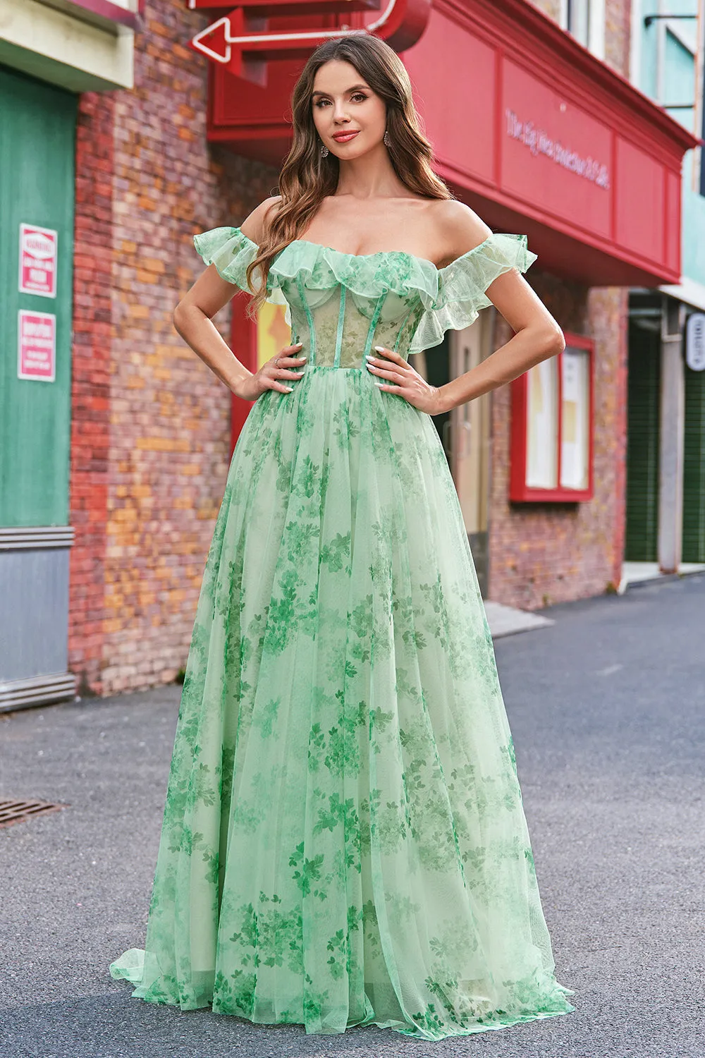 Floral A Line Off The Shoulder Corset Long Green Prom Dress sold by Zapaka product image thumbnail 5