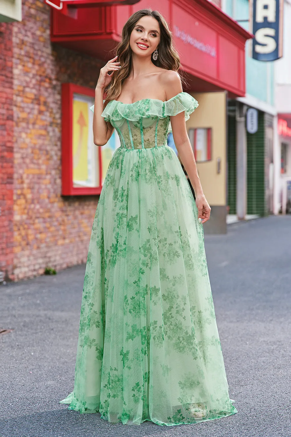 Floral A Line Off The Shoulder Corset Long Green Prom Dress sold by Zapaka product image thumbnail 3