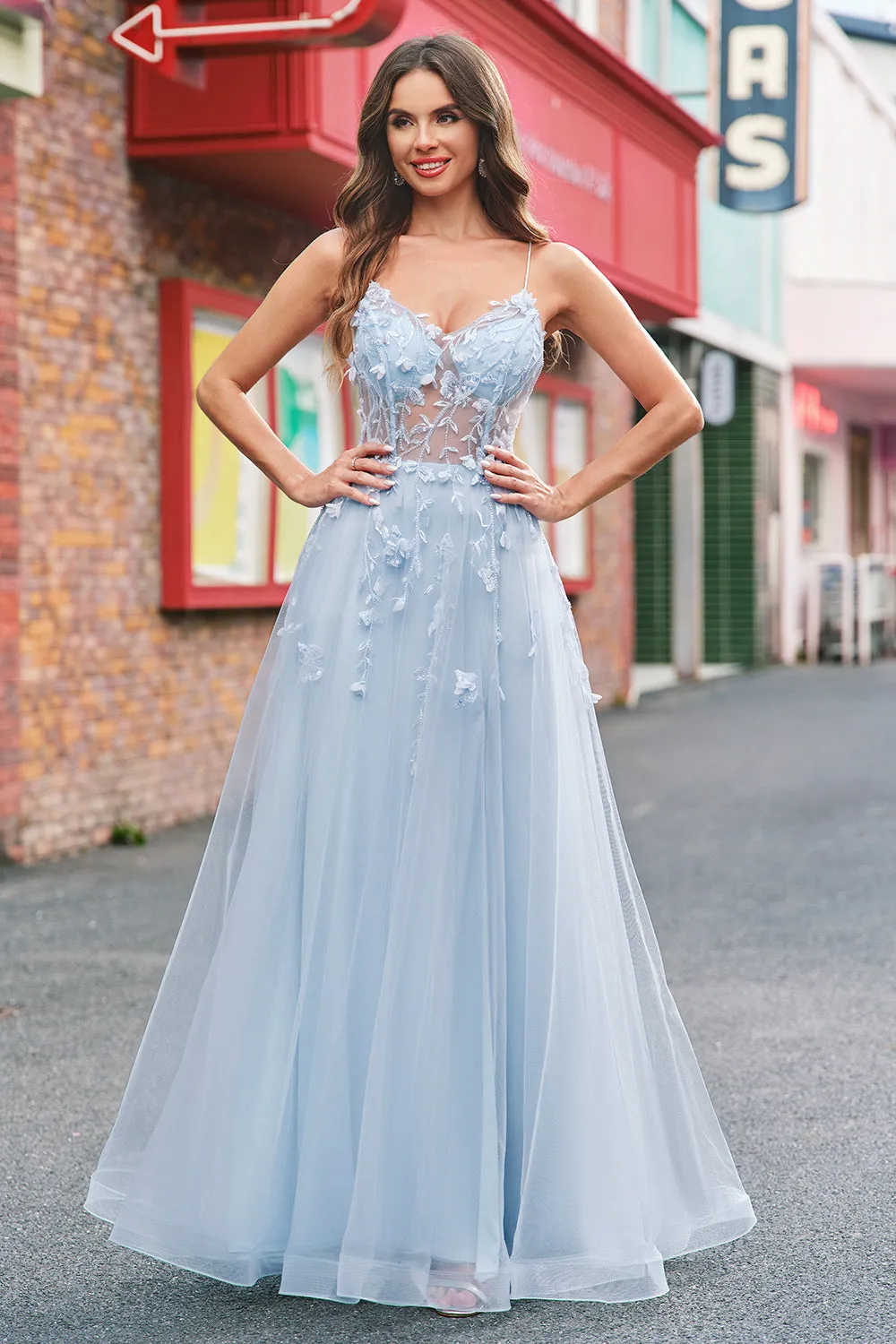 A Line Tulle Spaghetti Straps Corset Applique Blue Prom Dress with Slit sold by Zapaka product image thumbnail 3