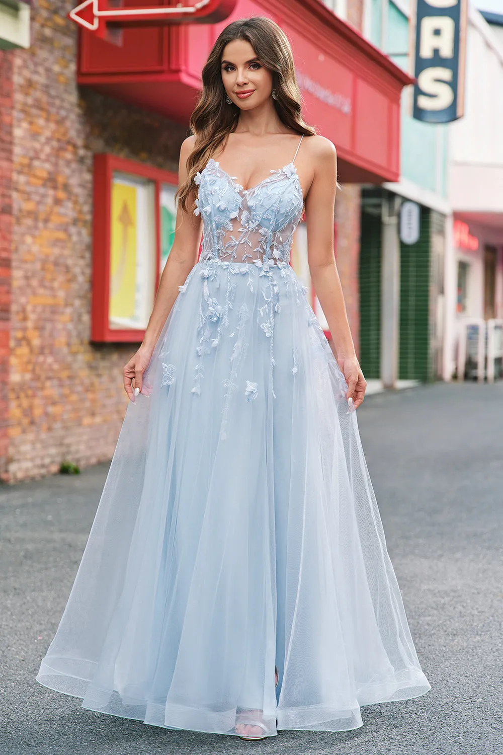 A Line Tulle Spaghetti Straps Corset Applique Blue Prom Dress with Slit sold by Zapaka