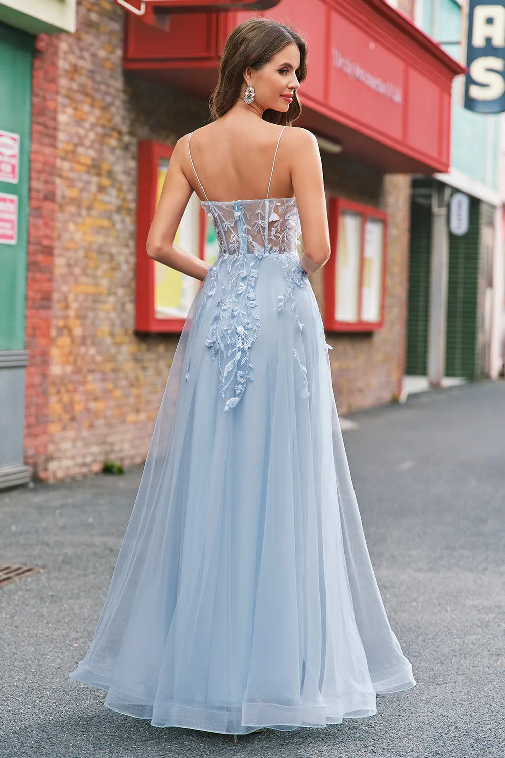 A Line Tulle Spaghetti Straps Corset Applique Blue Prom Dress with Slit sold by Zapaka product image thumbnail 2