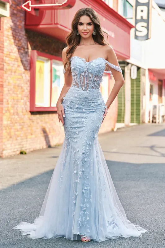 Mermaid Applique Off the Shoulder Corset Blue Prom Dress sold by Zapaka