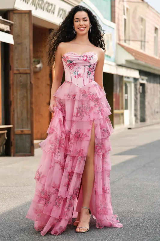 Floral A Line Strapless Corset Tiered Blush Prom Dress with Slit sold by Zapaka