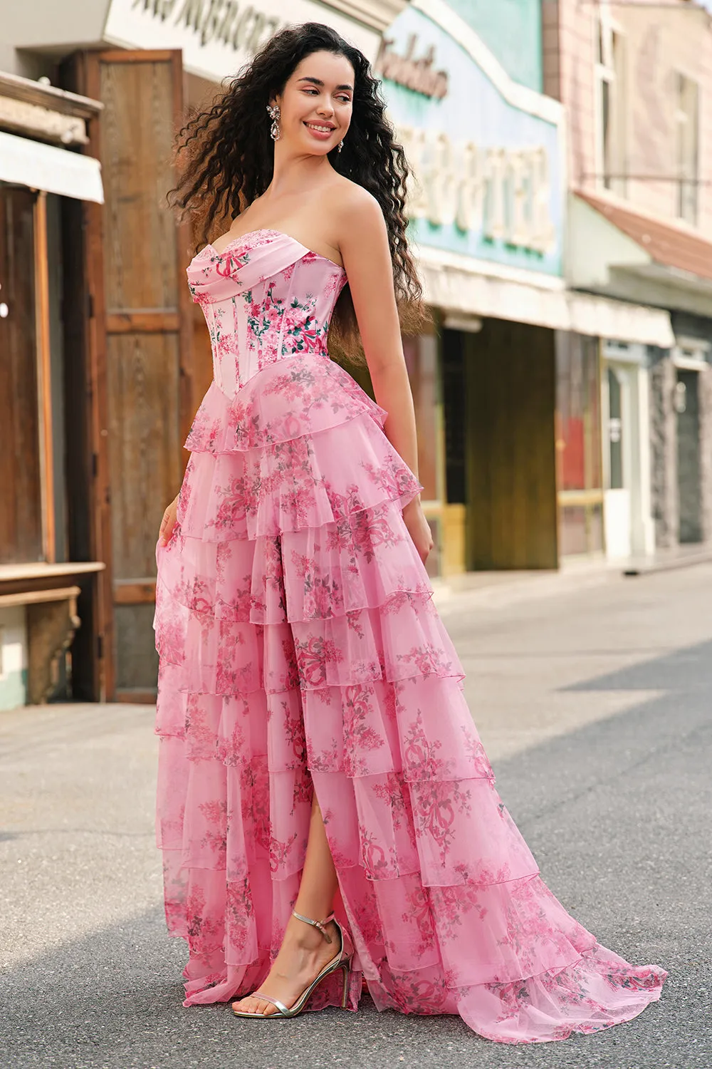 Floral A Line Strapless Corset Tiered Blush Prom Dress with Slit sold by Zapaka product image thumbnail 5