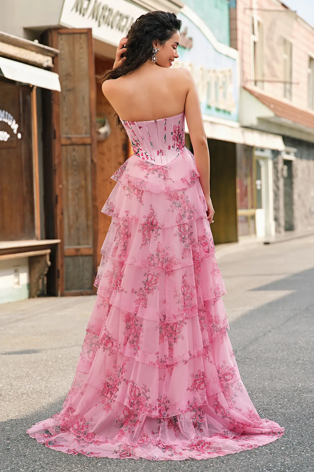 Floral A Line Strapless Corset Tiered Blush Prom Dress with Slit sold by Zapaka product image thumbnail 2