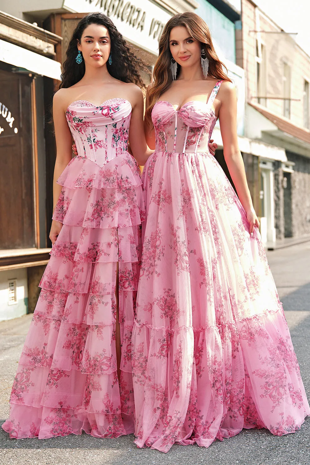 Floral A Line Strapless Corset Tiered Blush Prom Dress with Slit sold by Zapaka product image thumbnail 3