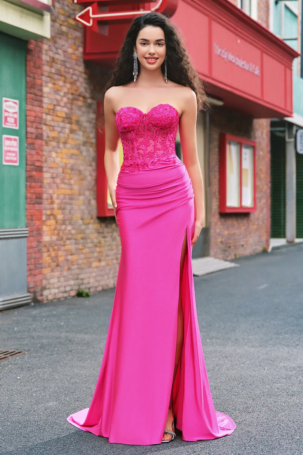 Mermaid Applique Strapless Corset Long Fuchsia Prom Dress with Slit sold by Zapaka