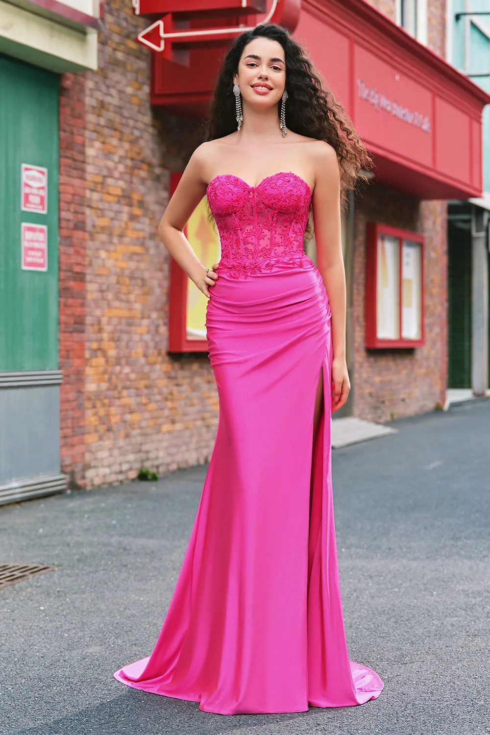 Mermaid Applique Strapless Corset Long Fuchsia Prom Dress with Slit sold by Zapaka product image thumbnail 3