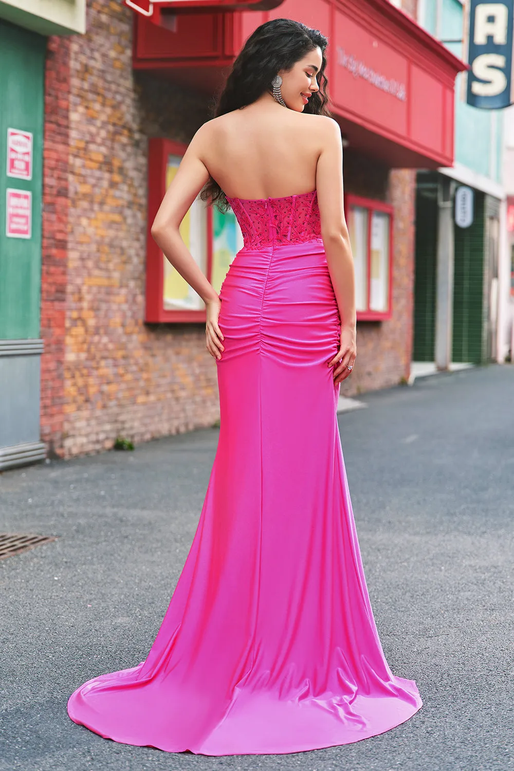 Mermaid Applique Strapless Corset Long Fuchsia Prom Dress with Slit sold by Zapaka product image thumbnail 2