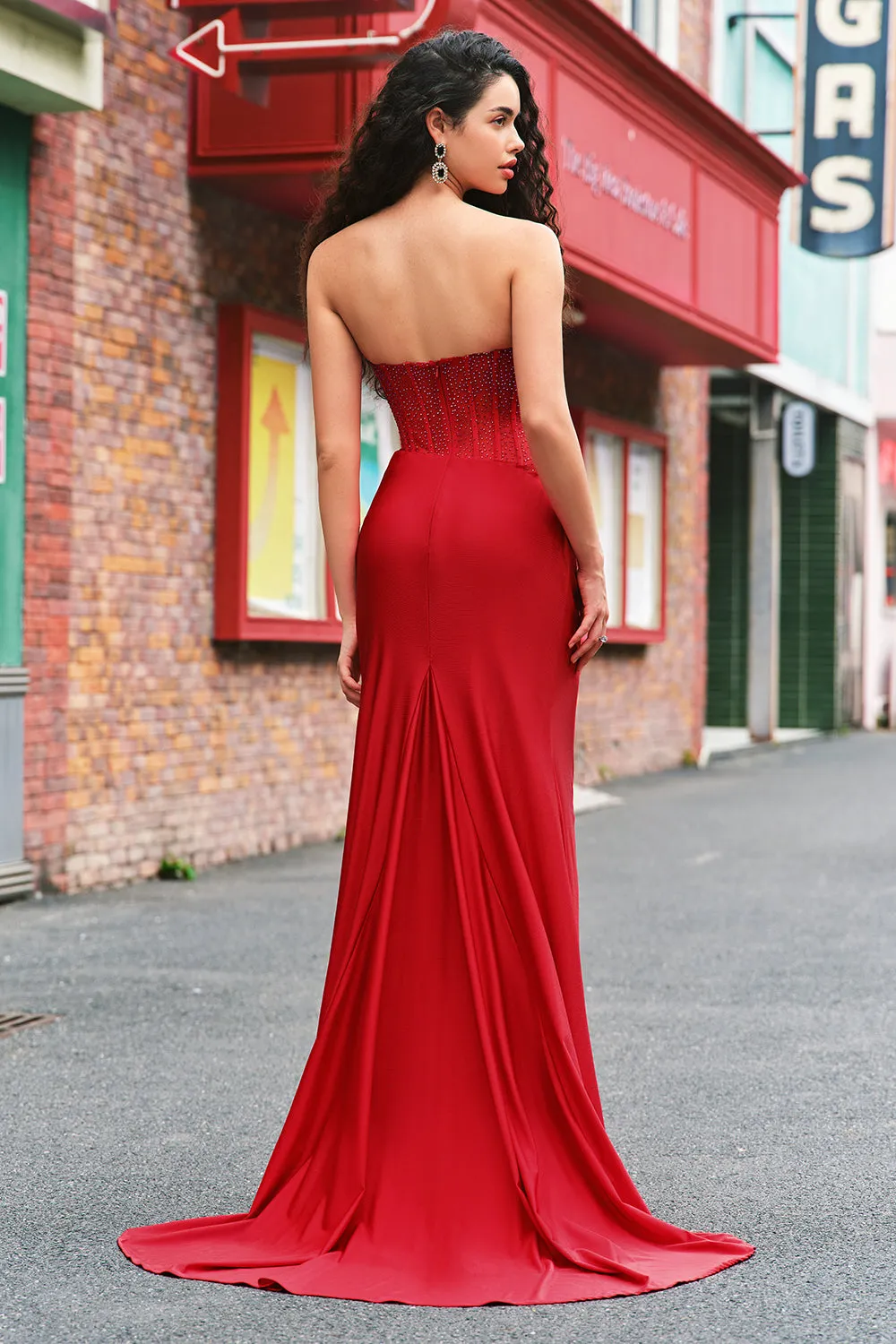 Beaded Strapless Mermaid Corset Long Red Prom Dress with Slit sold by Zapaka product image thumbnail 2