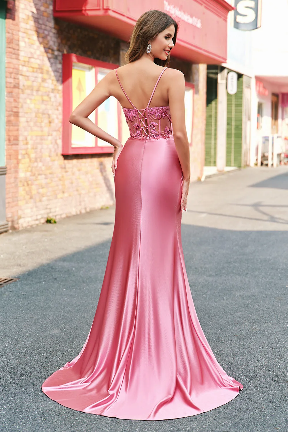 Mermaid Satin Sequined Corset Coral Long Prom Dress with Slit sold by Zapaka product image thumbnail 2