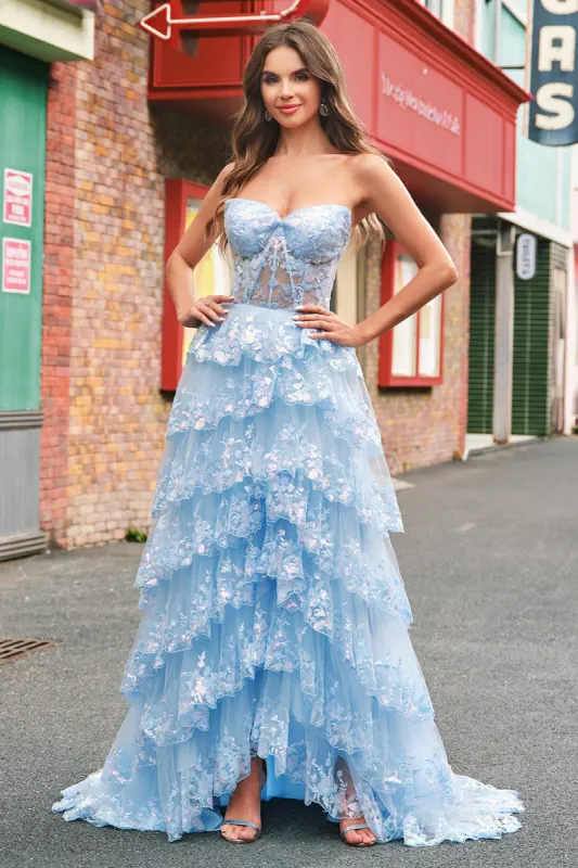 Strapless Blue A Line Sequin Corset Tiered Long Prom Dress sold by Zapaka