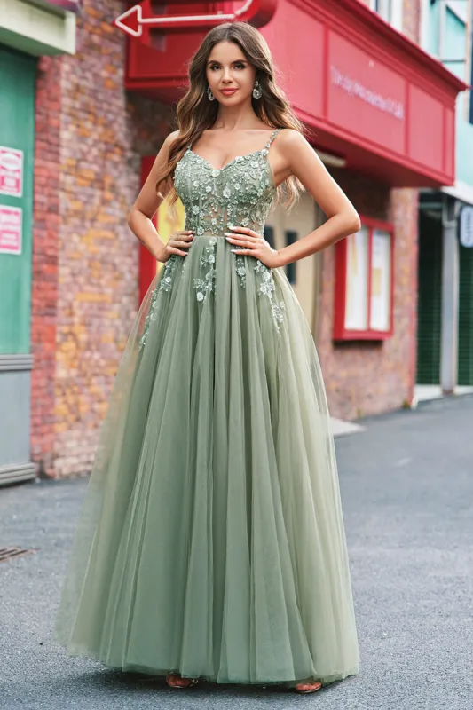 Green A Line Corset Sequin Tulle Long Prom Dress with Lace Up Back sold by Zapaka