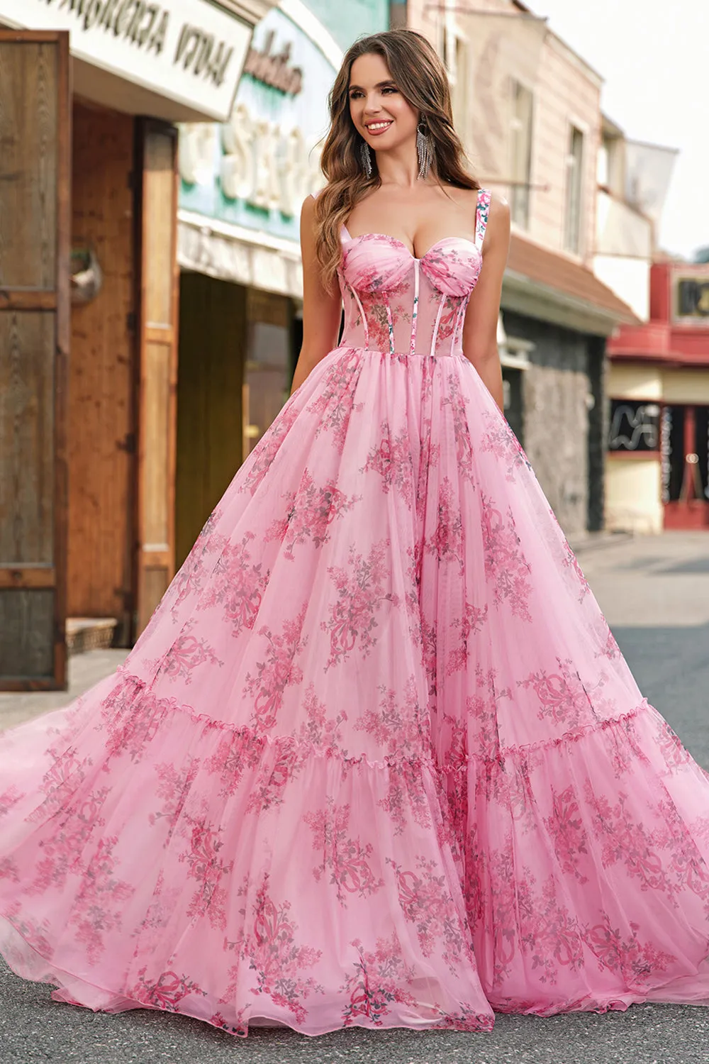 Blush Floral A Line Spaghetti Straps Pleated Corset Prom Dress sold by Zapaka product image thumbnail 3