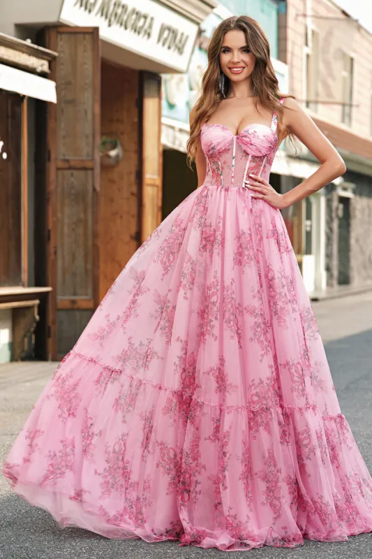 Blush Floral A Line Spaghetti Straps Pleated Corset Prom Dress sold by Zapaka