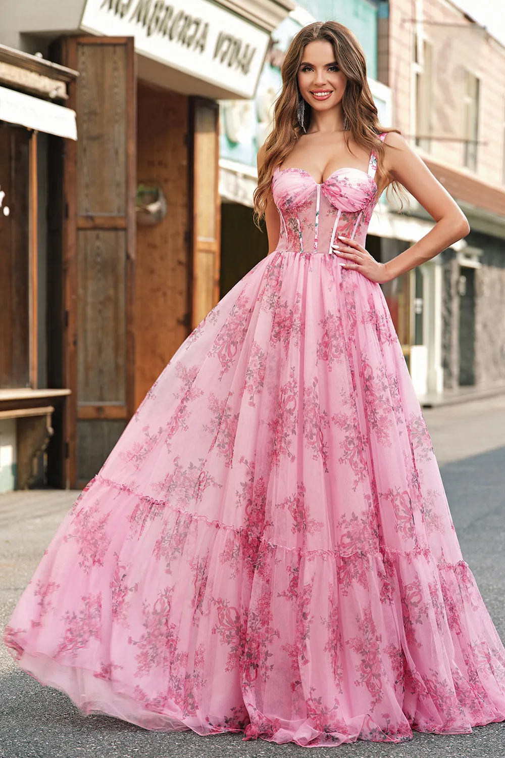 Blush Floral A Line Spaghetti Straps Pleated Corset Prom Dress sold by Zapaka