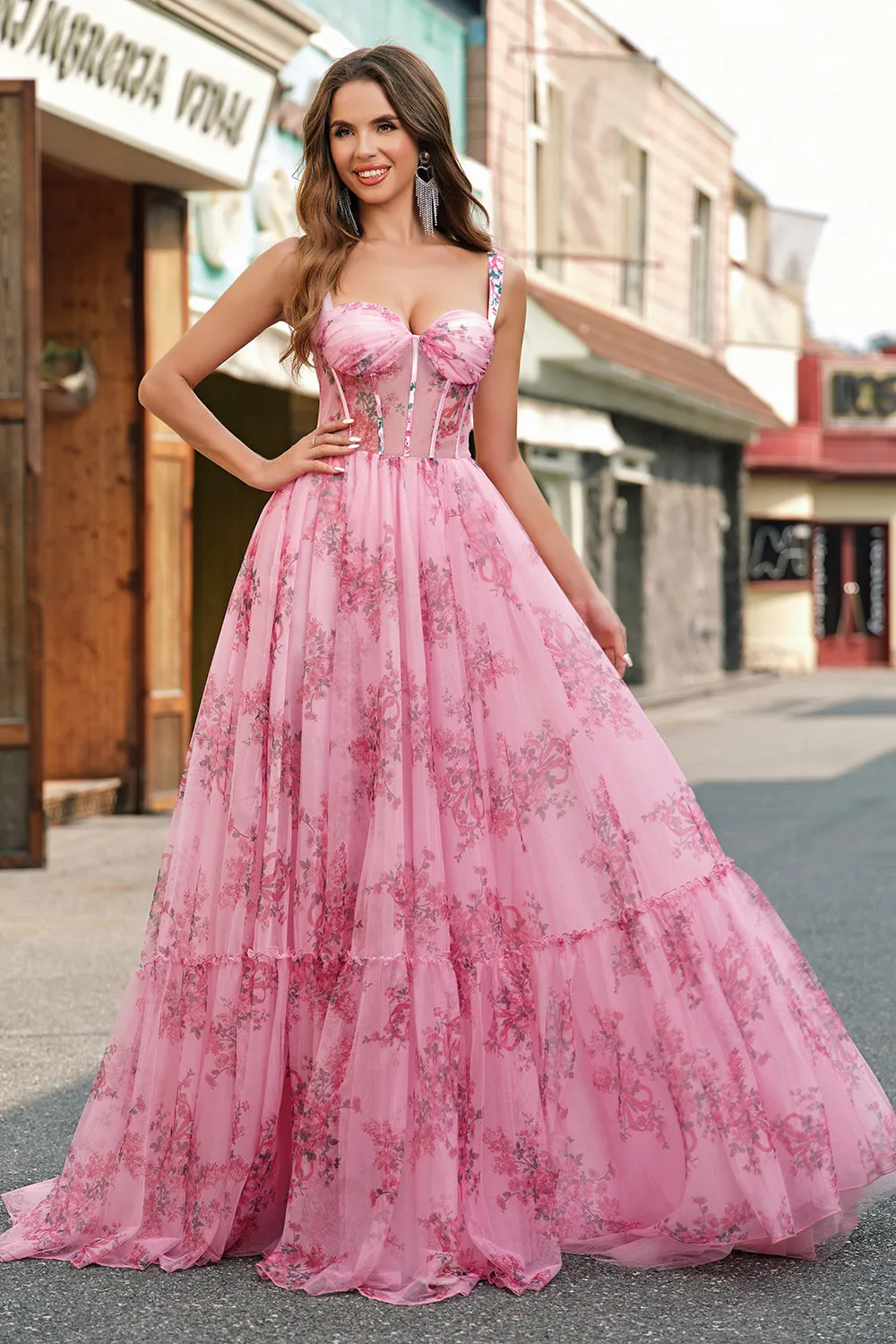 Blush Floral A Line Spaghetti Straps Pleated Corset Prom Dress sold by Zapaka product image thumbnail 4