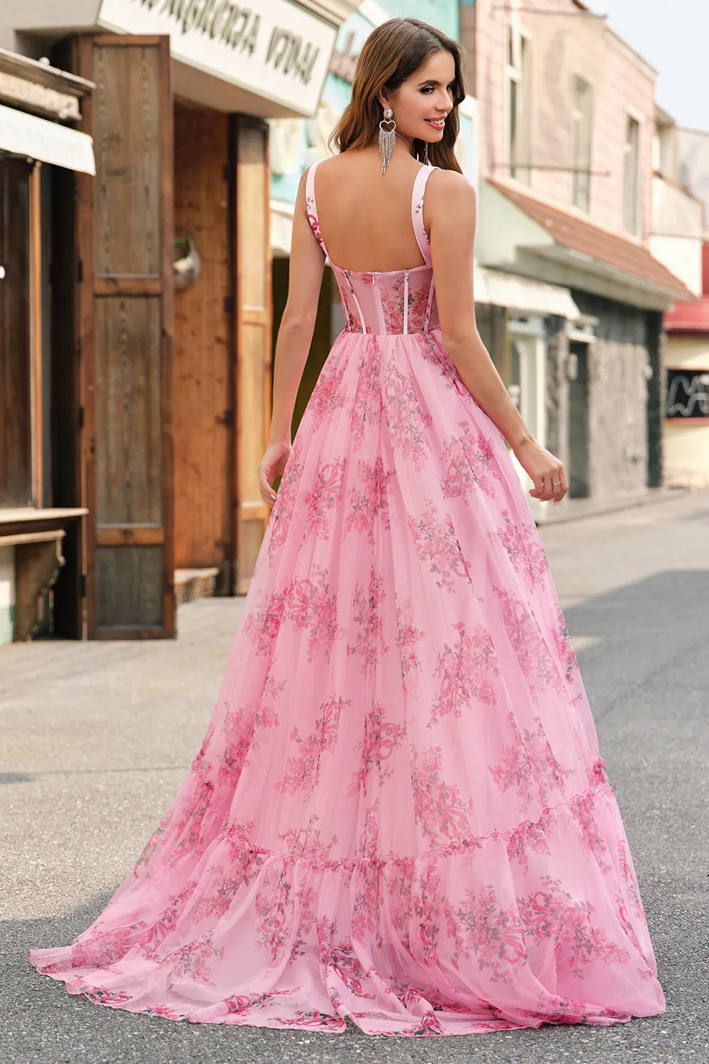 Blush Floral A Line Spaghetti Straps Pleated Corset Prom Dress sold by Zapaka product image thumbnail 2