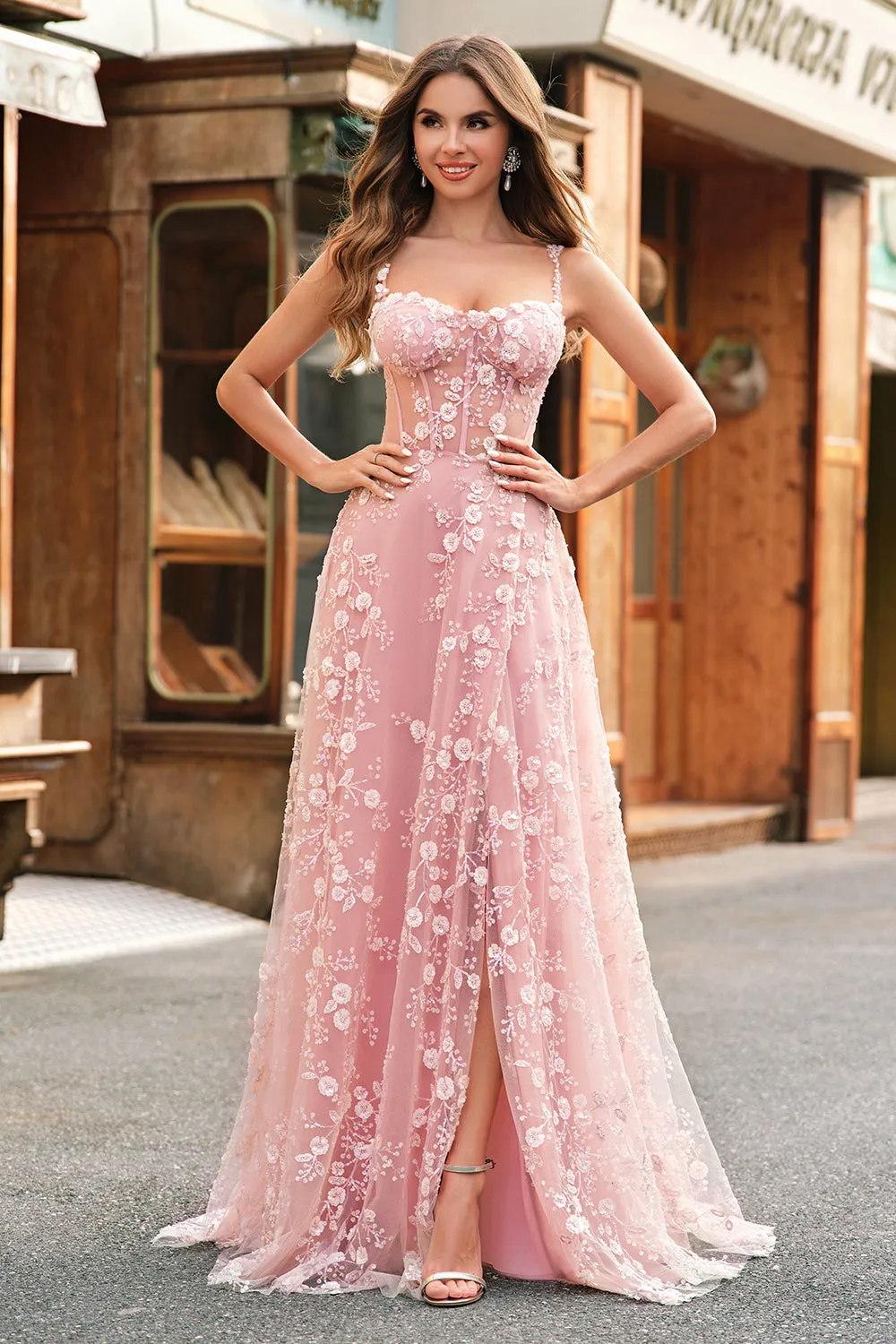 A Line Blush Spaghetti Straps Sequin Corset Prom Dress With Slit sold by Zapaka product image thumbnail 4