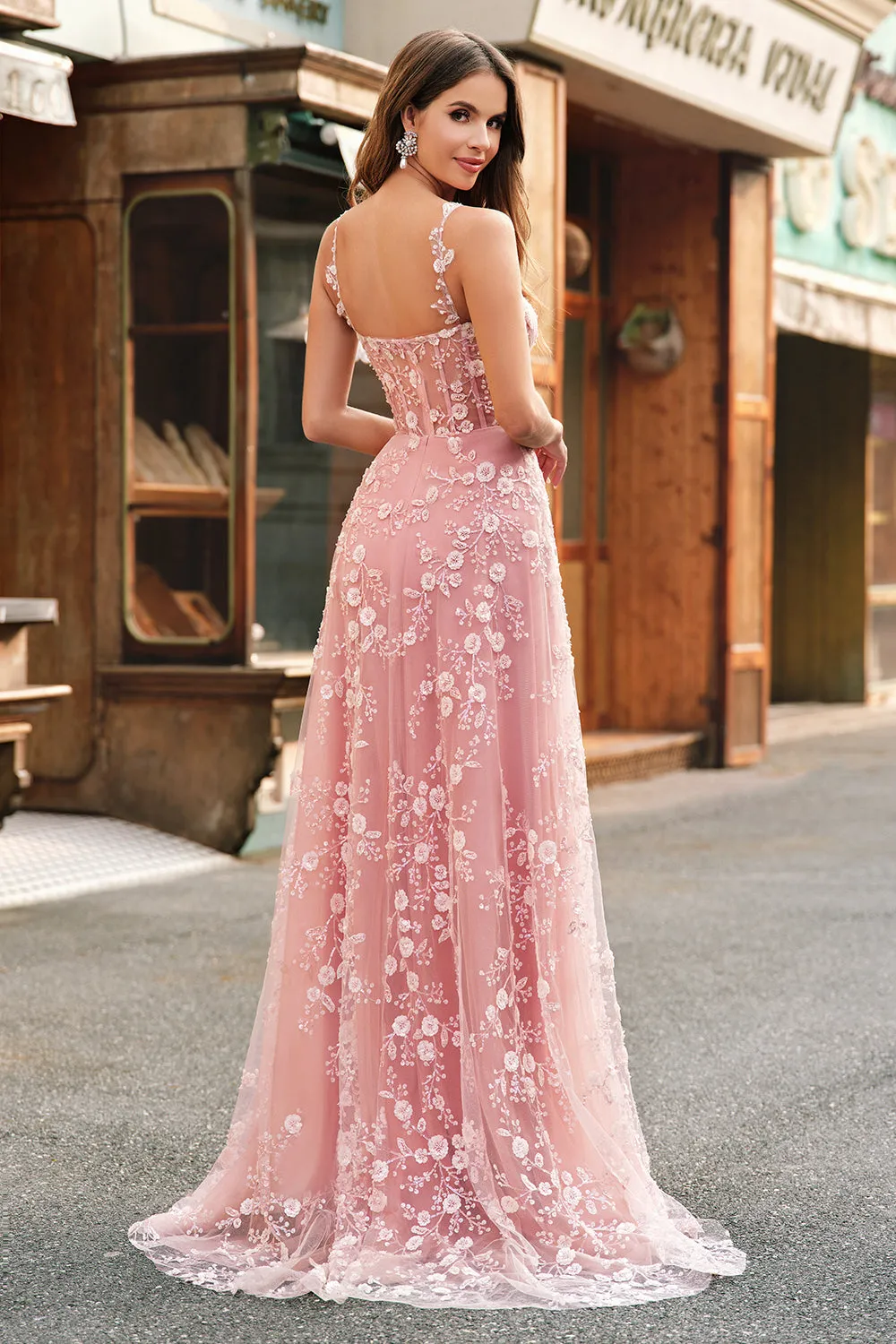 A Line Blush Spaghetti Straps Sequin Corset Prom Dress With Slit sold by Zapaka product image thumbnail 2
