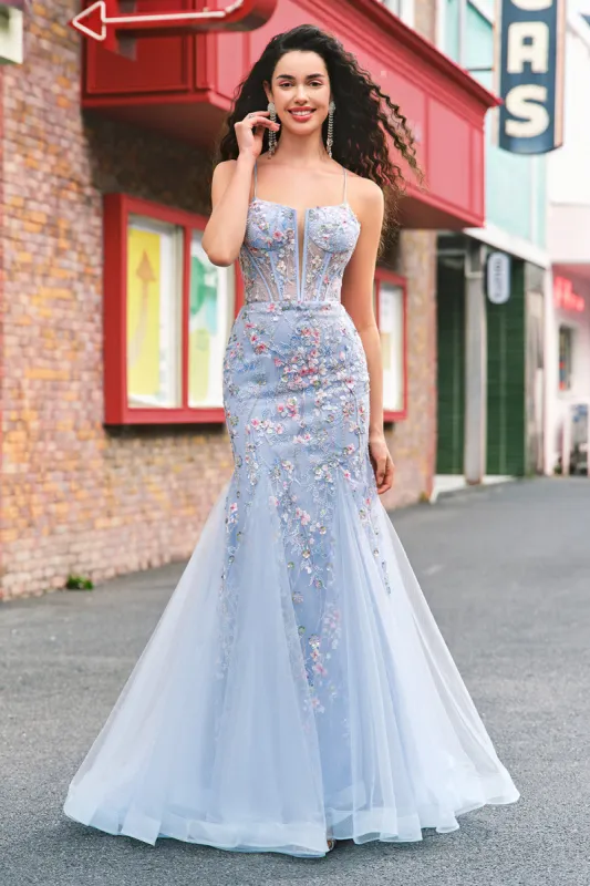 Light Blue Floral Beaded Mermaid Spaghetti Straps Tulle Prom Dress sold by Zapaka