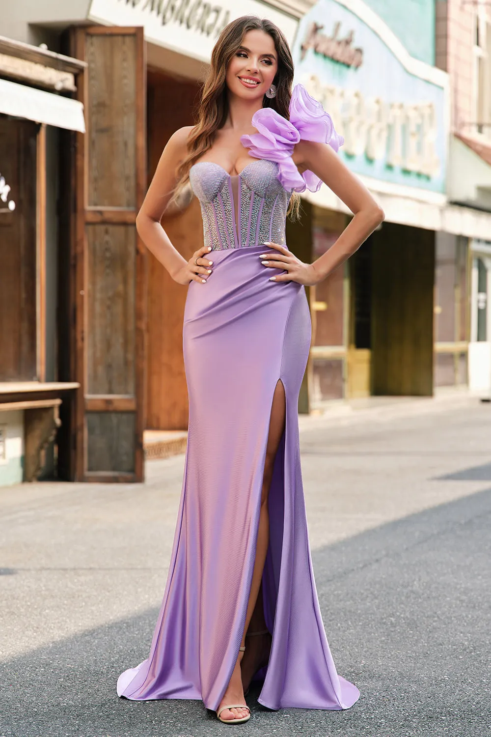 Sparkly Lilac Mermaid One Shoulder Beaded Corset Long Prom Dress sold by Zapaka product image thumbnail 3