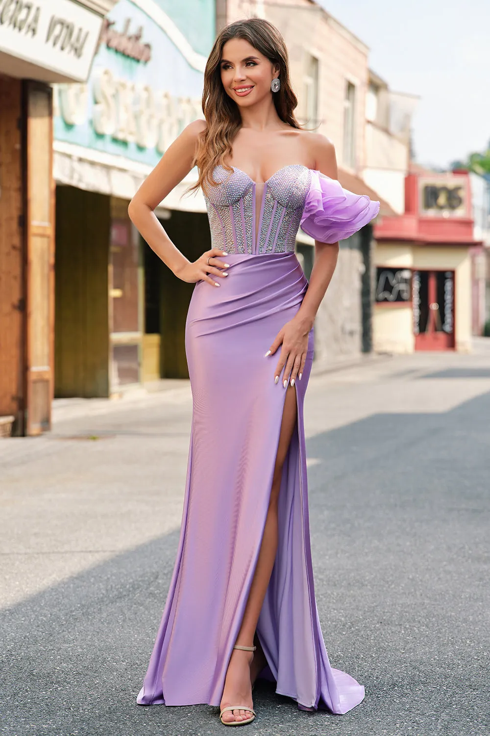 Sparkly Lilac Mermaid One Shoulder Beaded Corset Long Prom Dress sold by Zapaka product image thumbnail 4