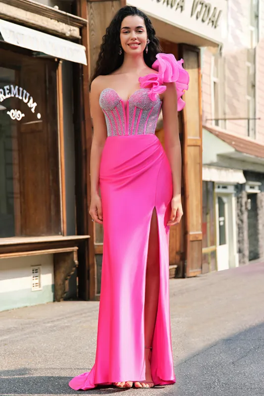 Mermaid Fuchsia One Shoulder Removable Ruffles Long Prom Dress with Slit sold by Zapaka