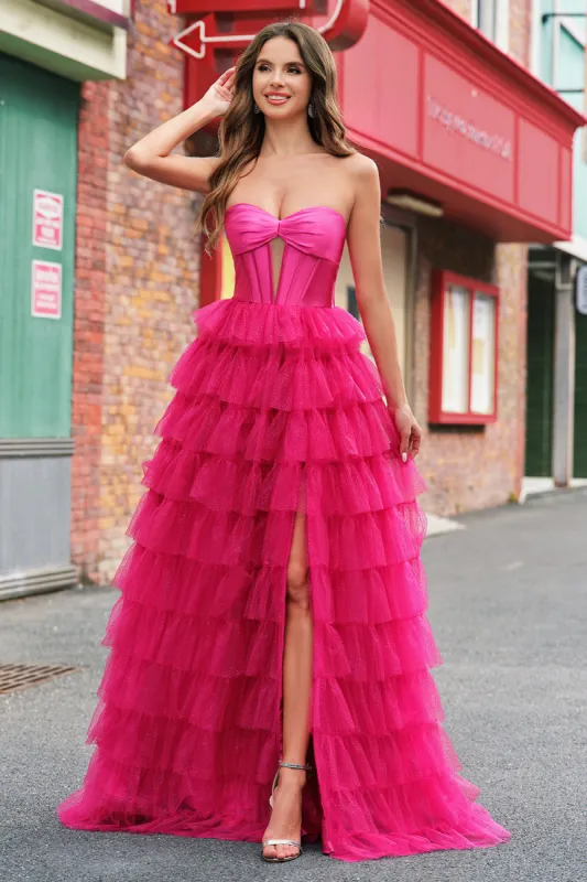 Fuchsia Princess Strapless Cut Out Tiered Tulle Long Prom Dress sold by Zapaka