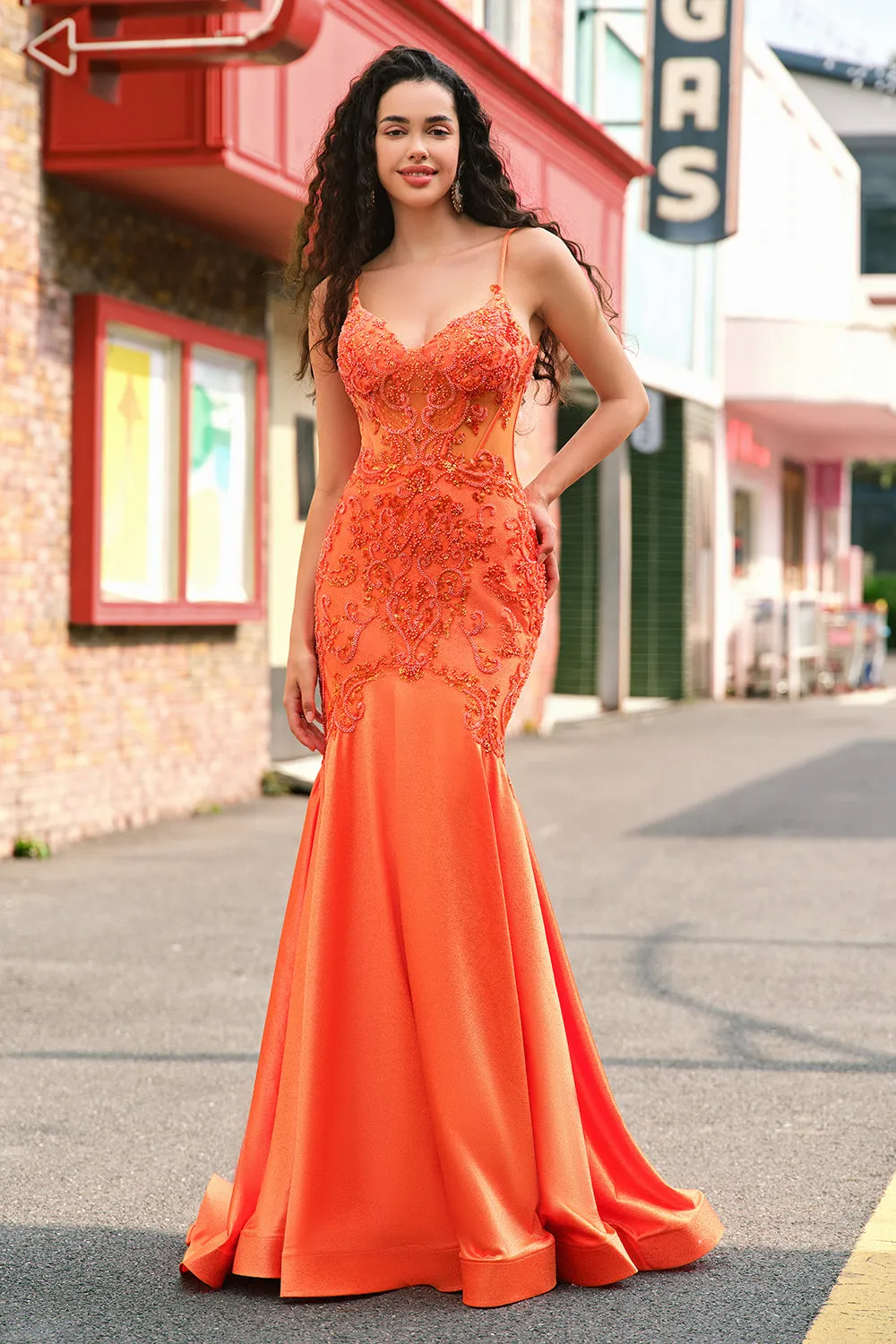 Orange Mermaid Corset Spaghetti Straps Beaded Long Prom Dress sold by Zapaka product image thumbnail 3