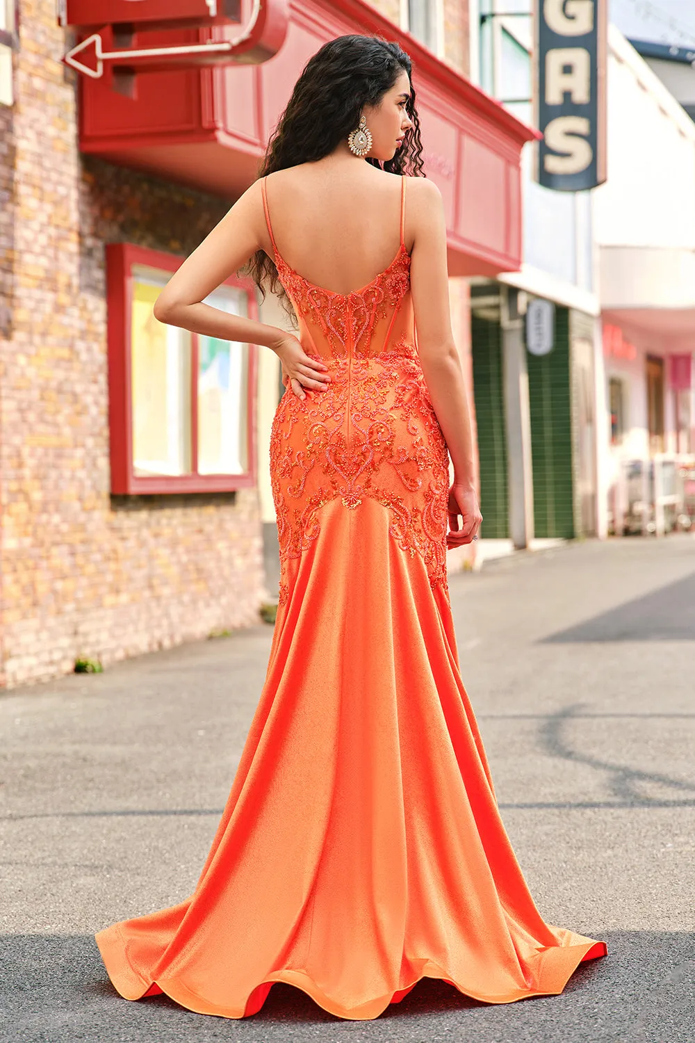 Orange Mermaid Corset Spaghetti Straps Beaded Long Prom Dress sold by Zapaka product image thumbnail 2