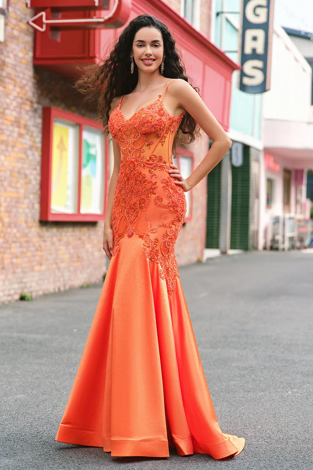 Orange Mermaid Corset Spaghetti Straps Beaded Long Prom Dress sold by Zapaka product image thumbnail 5