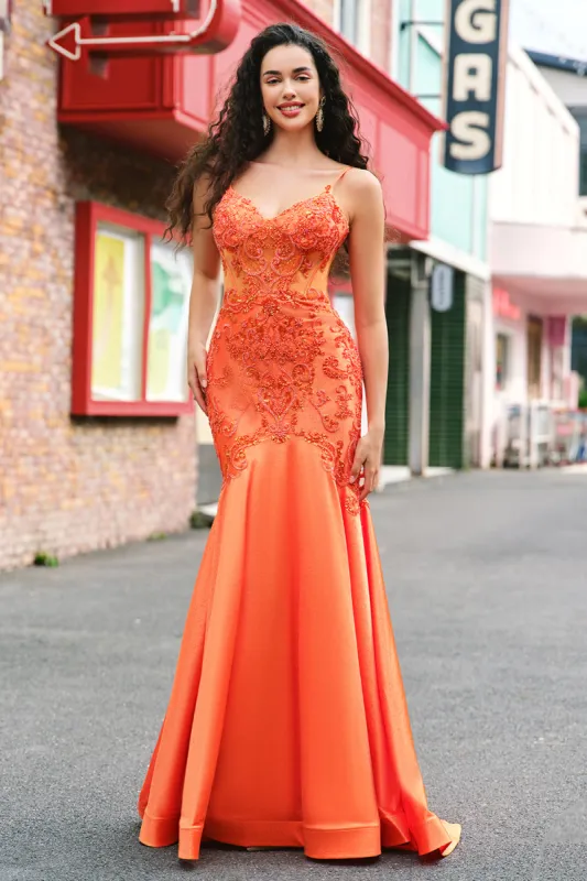 Orange Mermaid Corset Spaghetti Straps Beaded Long Prom Dress sold by Zapaka
