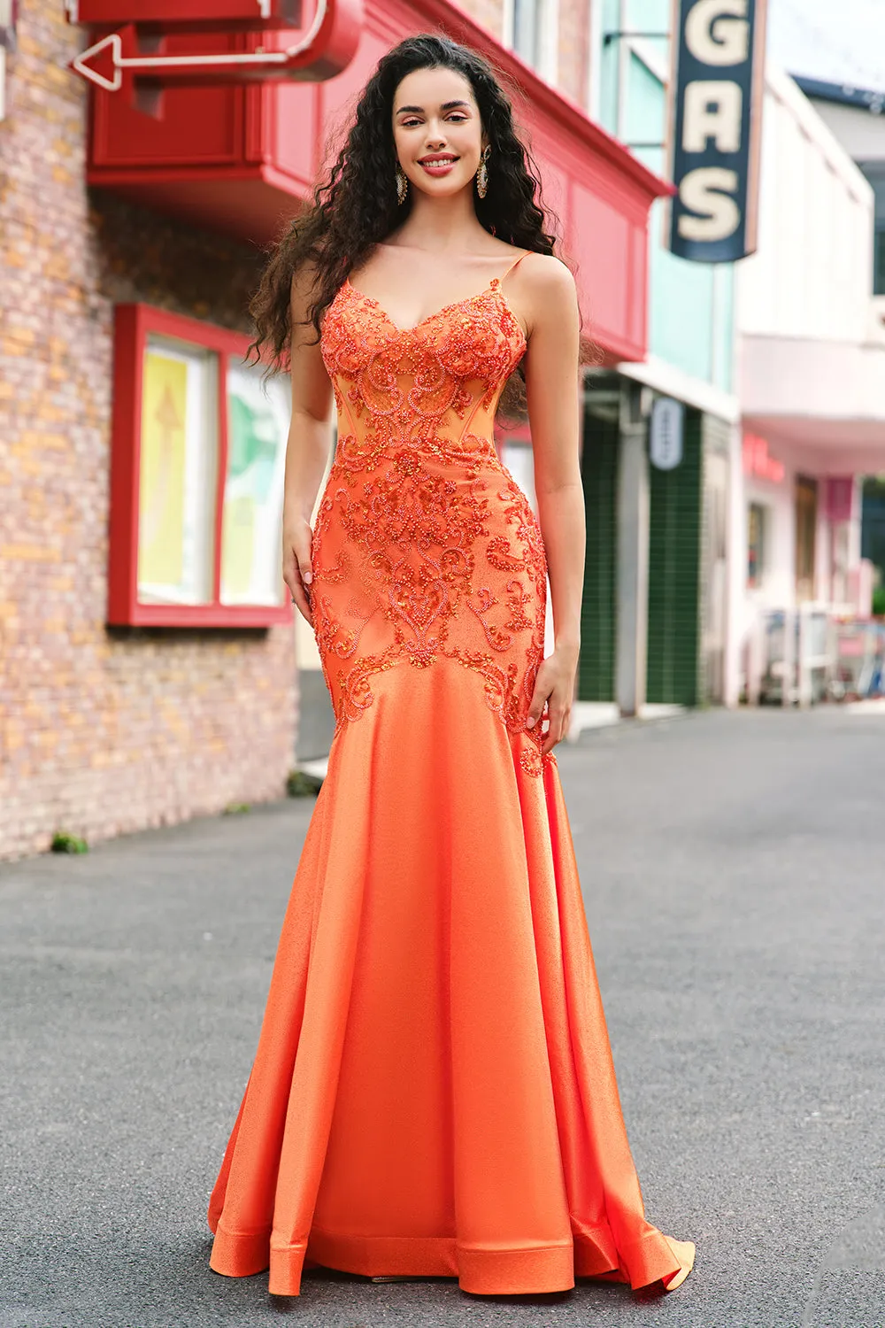 Orange Mermaid Corset Spaghetti Straps Beaded Long Prom Dress sold by Zapaka