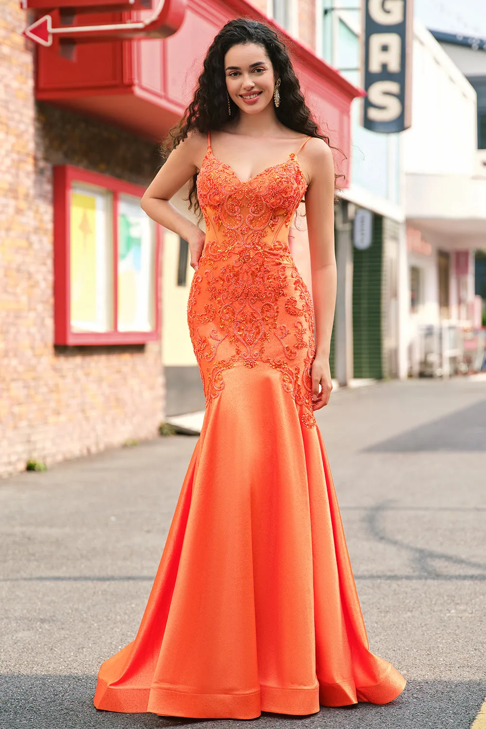 Orange Mermaid Corset Spaghetti Straps Beaded Long Prom Dress sold by Zapaka product image thumbnail 4