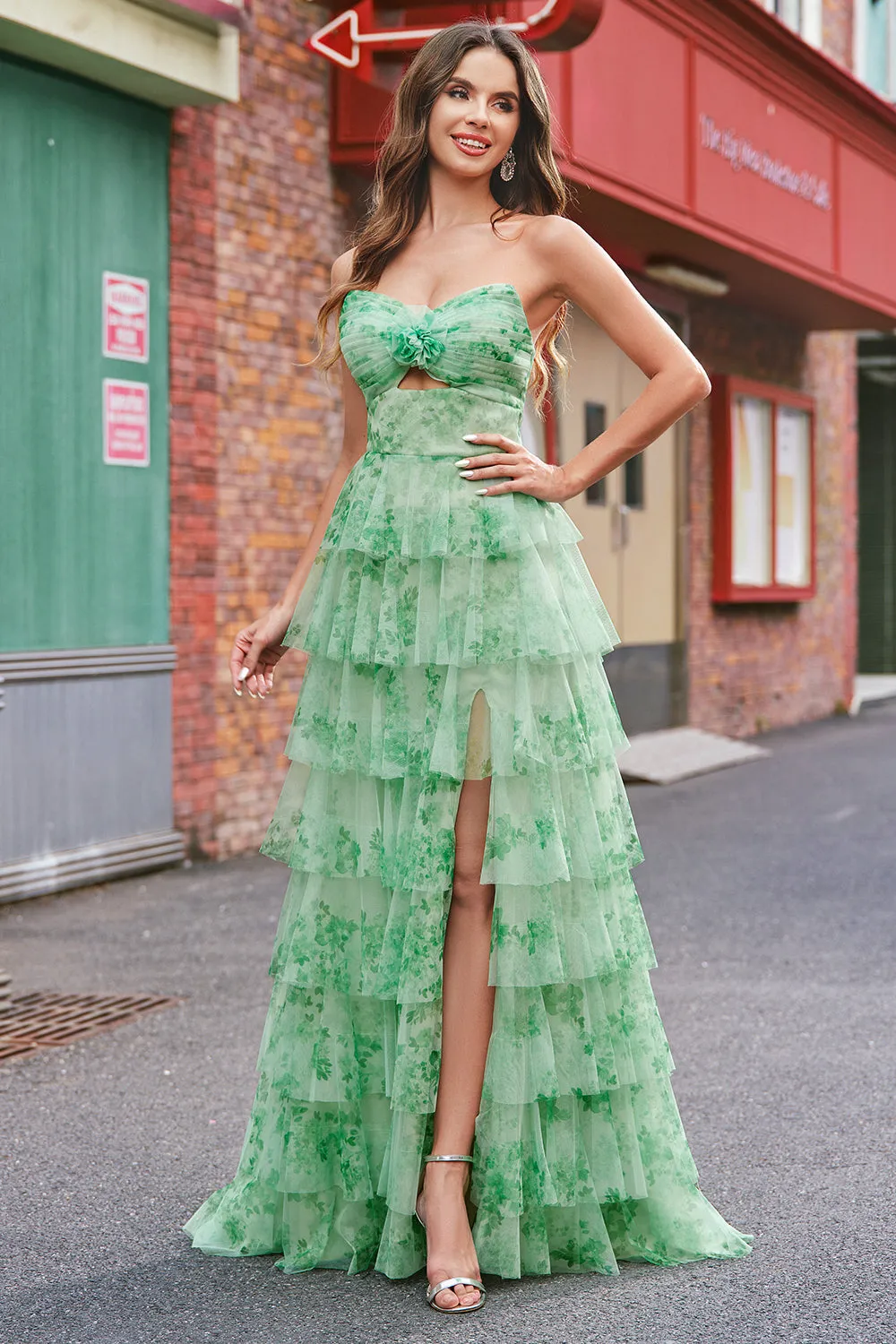 Green Floral A Line Strapless Ruffles Long Prom Dress with Slit sold by Zapaka product image thumbnail 5