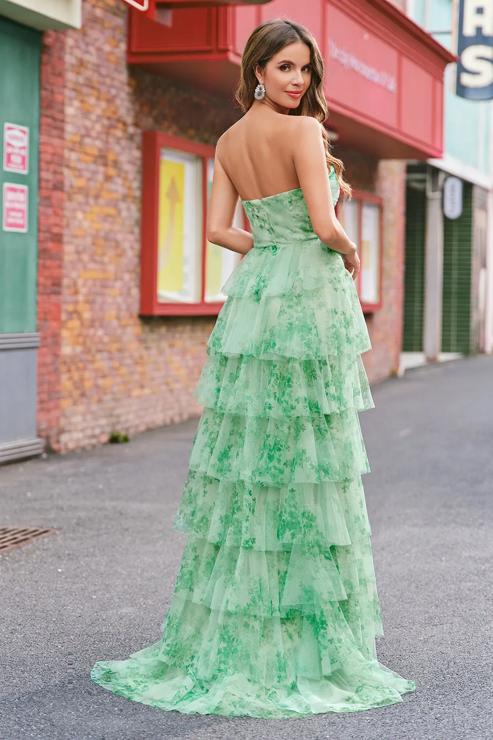 Green Floral A Line Strapless Ruffles Long Prom Dress with Slit sold by Zapaka product image thumbnail 2