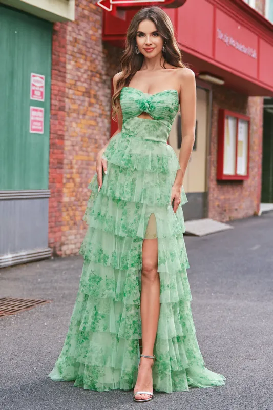 Green Floral A Line Strapless Ruffles Long Prom Dress with Slit sold by Zapaka