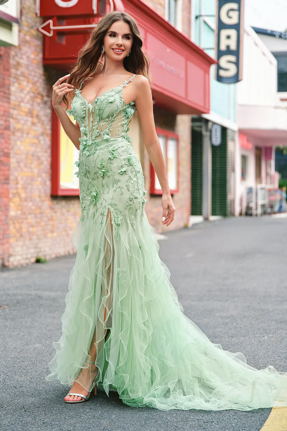 Mermaid Green Corset Spaghetti Straps Long Prom Dress with 3D Flowers sold by Zapaka product image thumbnail 5