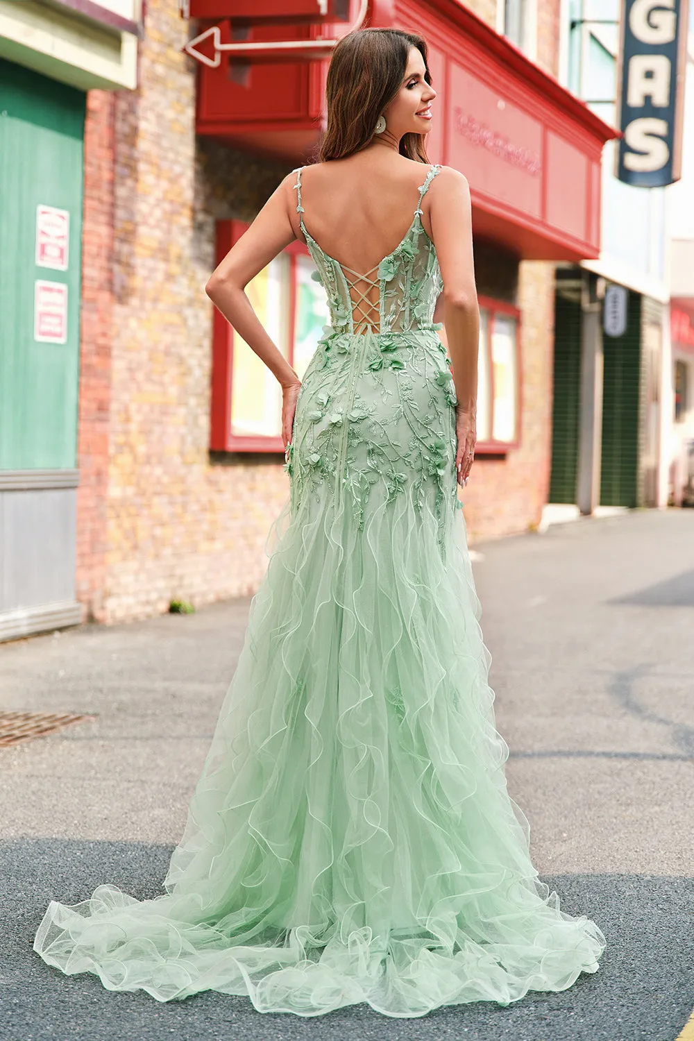 Mermaid Green Corset Spaghetti Straps Long Prom Dress with 3D Flowers sold by Zapaka product image thumbnail 2