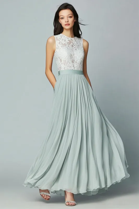 Dusty Sage Lace Chiffon A Line Bridesmaid Dress sold by Zapaka