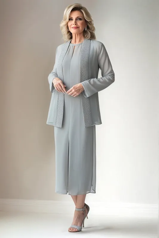 Light Grey Sheath Round Neck 2 Piece Mother of The Bride Dress sold by Zapaka