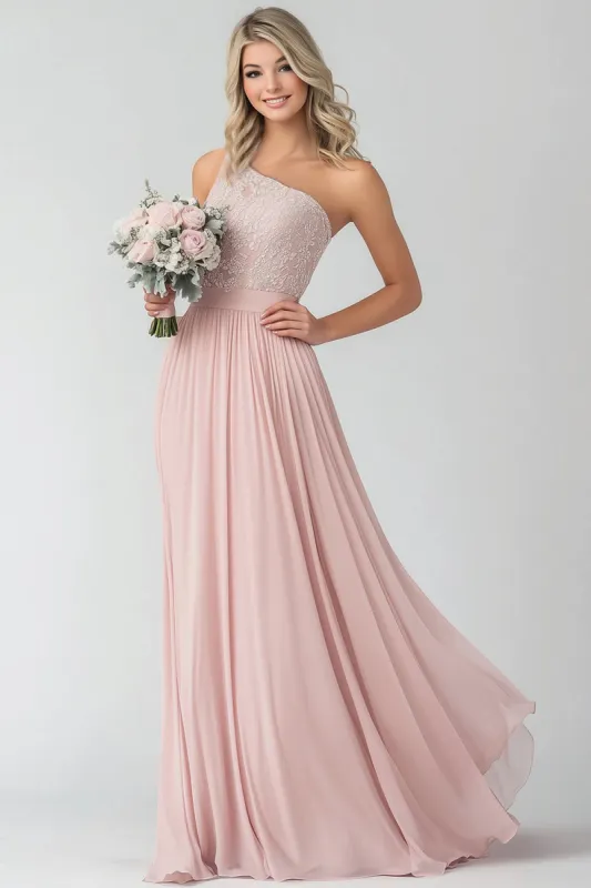 Blush A Line One Shoulder Lace Chiffon Bridesmaid Dress sold by Zapaka