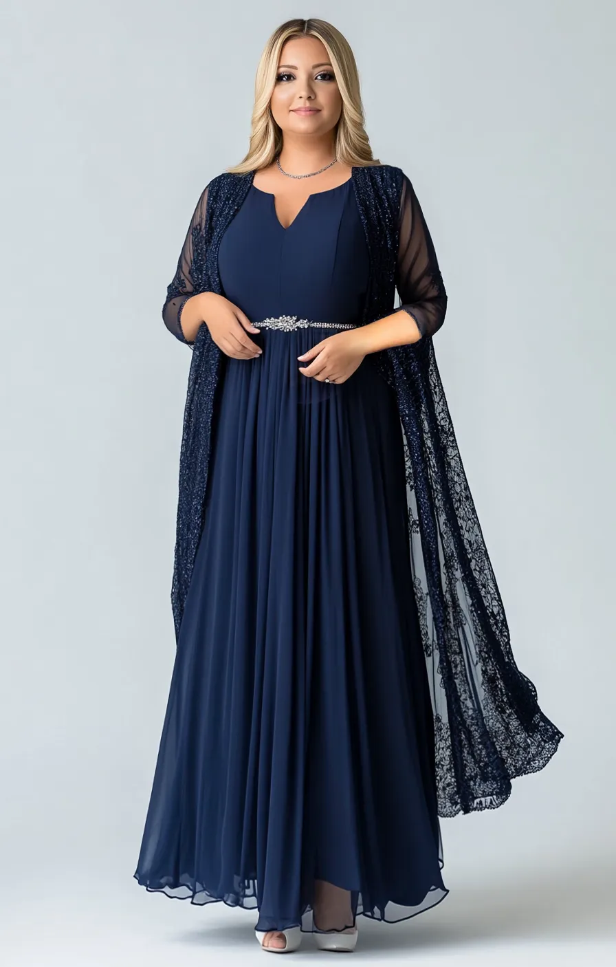 Navy Ruched Chiffon A Line Long Sleeves Mother of The Bride Dress with Shawl sold by Zapaka
