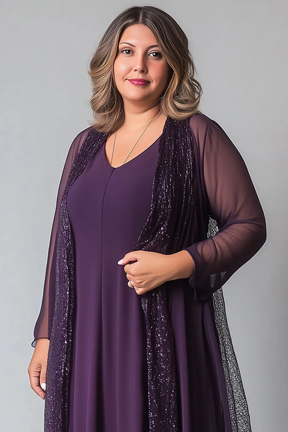 Sparkly Purple Chiffon A Line V Neck Long Sleeves Mother of The Bride Dress sold by Zapaka product image thumbnail 2